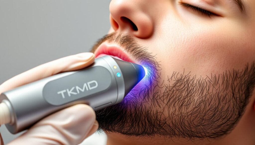 A close-up view of a person's face, their eyes closed, as they undergo a laser hair removal treatment on their beard area. In the foreground, we see the hand of a medical professional wielding a TKMD-branded laser device, gently gliding it across the skin. The lighting is soft and diffused, creating a soothing, professional atmosphere. The background is blurred, keeping the focus on the treatment process. The image conveys a sense of care, precision, and the transformative power of laser hair removal for achieving a smooth, stubble-free beard.