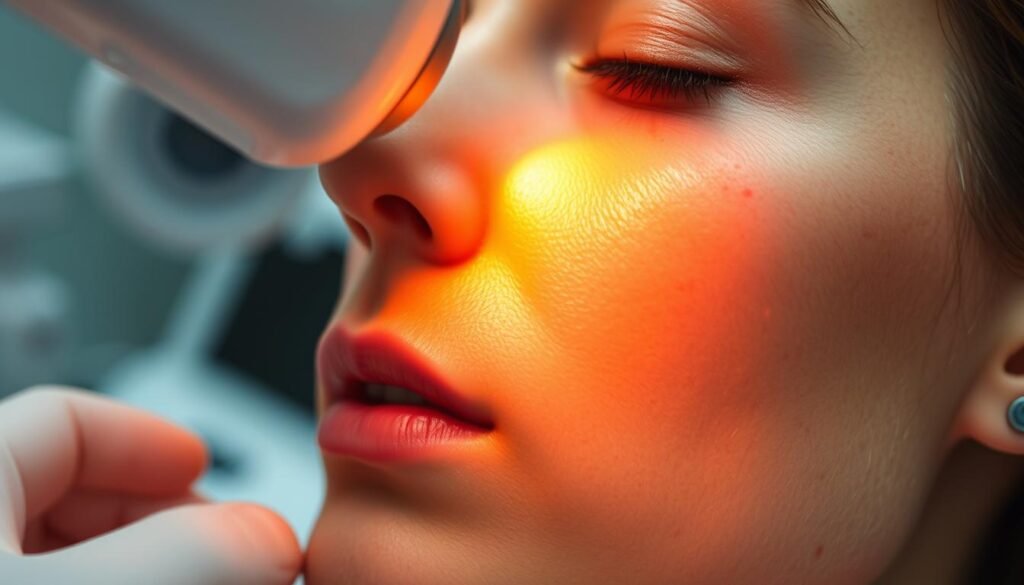 A close-up view of a person's face undergoing TKMD laser treatment for acne scars. The skin is illuminated with a bright, focused beam of light, casting a warm, amber glow and creating a sense of precision and clinical efficacy. The light is concentrated on specific areas of scarring, with the surrounding skin appearing smooth and unblemished. In the background, a blurred medical setting suggests a professional, sterile environment conducive to the procedure. The overall mood is one of high-tech, medical-grade intervention designed to address the visible signs of acne and restore a clear, even complexion. A close-up view of a person's face undergoing TKMD laser treatment for acne scars. The skin is illuminated with a bright, focused beam of light, casting a warm, amber glow and creating a sense of precision and clinical efficacy. The light is concentrated on specific areas of scarring, with the surrounding skin appearing smooth and unblemished. In the background, a blurred medical setting suggests a professional, sterile environment conducive to the procedure. The overall mood is one of high-tech, medical-grade intervention designed to address the visible signs of acne and restore a clear, even complexion.