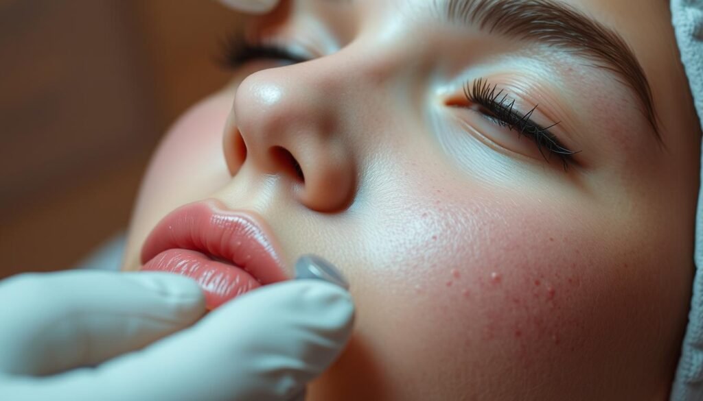 A close-up view of a person's face undergoing a TKMD microneedling treatment for acne scars. The skin is slightly reddened, with a series of tiny, evenly-spaced puncture marks visible across the cheeks and forehead. Soft, diffused lighting illuminates the scene, creating a warm, clinical atmosphere. The treatment is shown from a slightly elevated angle, allowing the viewer to observe the procedure in detail. The focus is sharp, capturing the texture and subtle imperfections of the skin in high definition. The overall mood is one of professional medical care and technological innovation, reflecting the advanced nature of the TKMD microneedling device.
