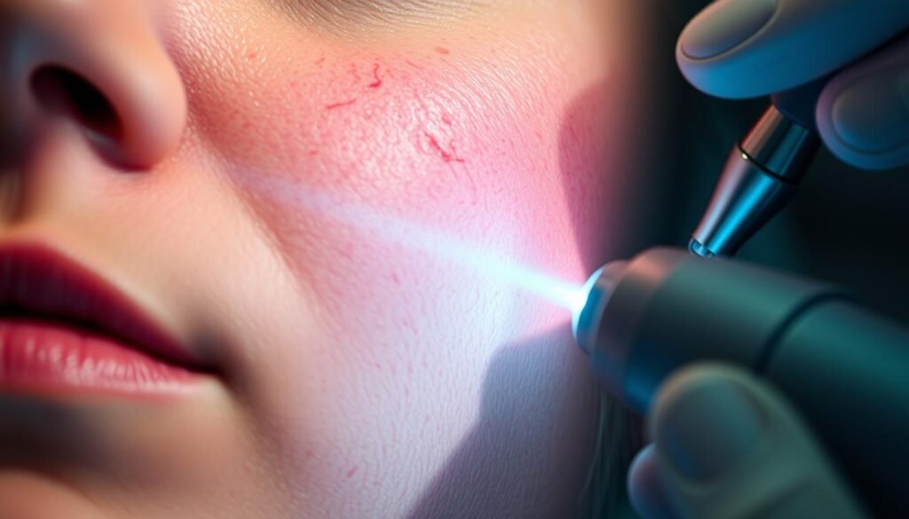 A close-up view of a person's face undergoing a TKMD rosacea laser treatment. The skin appears flushed and irritated, with visible capillaries and redness. The laser device is positioned near the cheek, emitting a bright, focused beam of light. The lighting is harsh and clinical, casting dramatic shadows and highlights on the skin. The background is blurred, drawing the viewer's attention to the treatment area. The overall mood is one of a medical procedure, conveying the technical and specialized nature of the rosacea laser treatment.