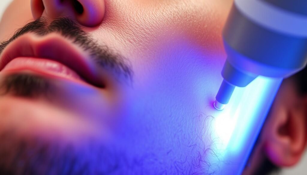 A close-up view of a person's face undergoing a laser hair removal treatment on their beard area. The skin is smooth and slightly reddened, with the laser device gently gliding across the surface. The lighting is bright and diffused, creating a clinical and professional atmosphere. The background is blurred, putting the focus entirely on the treatment process. The image is captured with a high-quality TKMD camera, showcasing the precision and efficiency of the laser hair removal procedure.