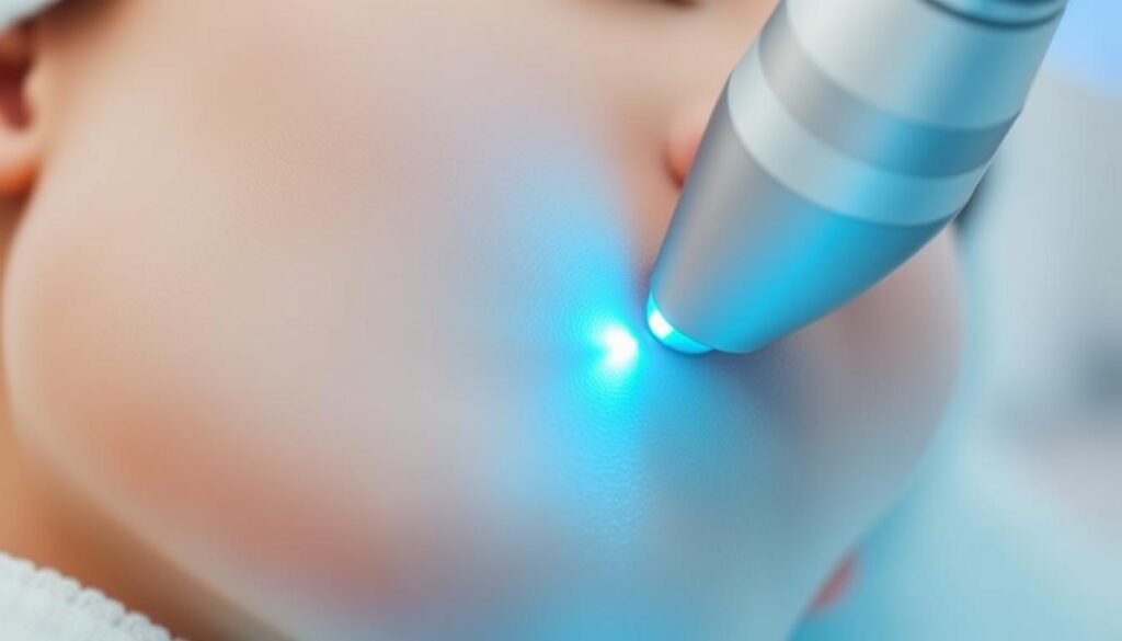 A close-up view of a person's face undergoing laser skin resurfacing treatment. The skin appears smooth and flawless, with a subtle glow. The treatment area is highlighted by a bright, focused beam of light emanating from a sleek, futuristic-looking laser device. The background is blurred, creating a sense of depth and drawing the viewer's attention to the central procedure. The lighting is soft and diffused, creating a calming and clinical atmosphere. The overall impression is one of a precise, high-tech skin rejuvenation procedure that leaves the skin radiant and refreshed.
