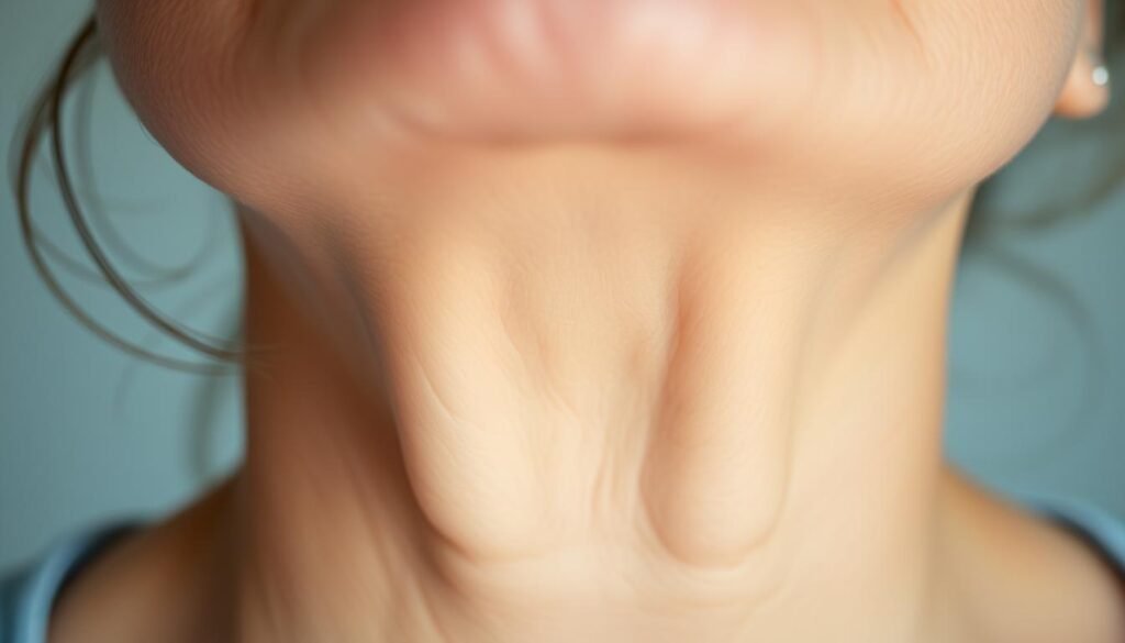 A close-up view of a person's neck, highlighting the accumulated fat deposits under the chin. Soft, diffuse lighting illuminates the skin's texture, revealing the subtle undulations and folds characteristic of this condition. The image is captured from a slightly elevated angle, emphasizing the double chin and the way the excess fat gathers and bulges. The background is blurred, drawing the viewer's attention solely to the neck area. Captured with a TKMD-branded camera lens, the image has a naturalistic, documentary-style quality.