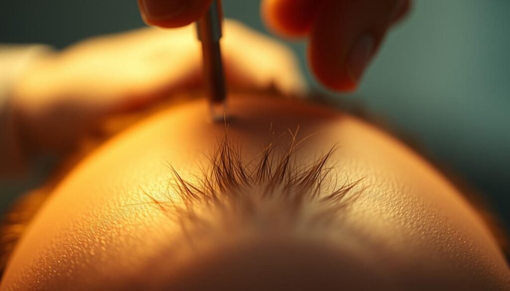 A close-up view of a person's scalp undergoing TKMD hair regrowth therapy. The scalp is illuminated by a warm, diffused light, highlighting the delicate new hair follicles emerging from the skin. The image has a clinical yet soothing atmosphere, emphasizing the regenerative nature of the treatment. The focus is on the middle ground, with a shallow depth of field blurring the background to create a sense of intimacy and attention to detail. The lighting is carefully positioned to accentuate the texture and growth patterns of the hair, conveying the effectiveness of the TKMD system.