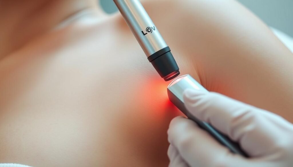 A close-up view of a person's underarm during a laser hair removal treatment. The skin is smooth and clear, with the laser device gently gliding across the surface. The lighting is bright and diffused, illuminating the treatment area with a clinical yet calming ambiance. The angle is slightly elevated, providing a detailed perspective of the procedure. The overall atmosphere conveys a sense of professionalism and expertise, reflecting the specialized nature of the underarm laser hair removal treatment.