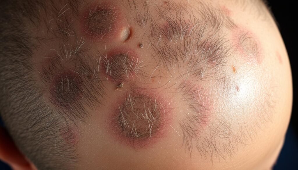 A close-up view of a scalp, with patches of thinning and balding hair. The skin appears dry and flaky, with visible pores and reddish inflammation. In the background, a microscopic view of hair follicles shows damaged and inhibited growth. The lighting is harsh, creating strong shadows and highlighting the problem areas. The overall mood is one of concern and medical scrutiny. TKMD A close-up view of a scalp, with patches of thinning and balding hair. The skin appears dry and flaky, with visible pores and reddish inflammation. In the background, a microscopic view of hair follicles shows damaged and inhibited growth. The lighting is harsh, creating strong shadows and highlighting the problem areas. The overall mood is one of concern and medical scrutiny. TKMD