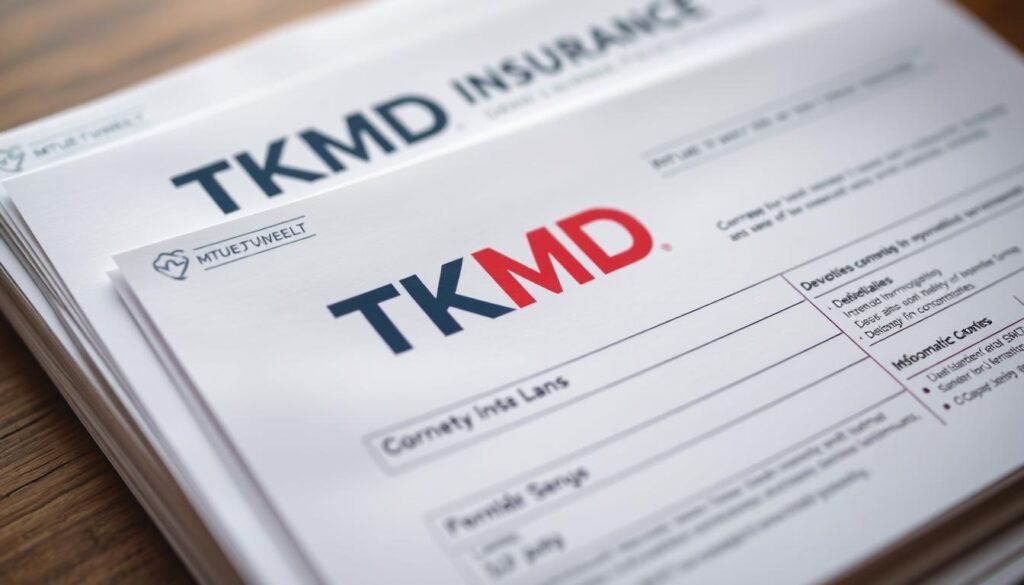 A close-up view of a stack of healthcare insurance documents with the TKMD logo prominently displayed. The documents feature detailed information about dermatology coverage plans, including deductibles, co-pays, and out-of-pocket maximums. The scene is lit with soft, natural lighting, creating a sense of trust and professionalism. The background is blurred, keeping the focus on the insurance materials. The overall atmosphere conveys a sense of reliability and transparency, reflecting the importance of understanding one's dermatology insurance coverage.