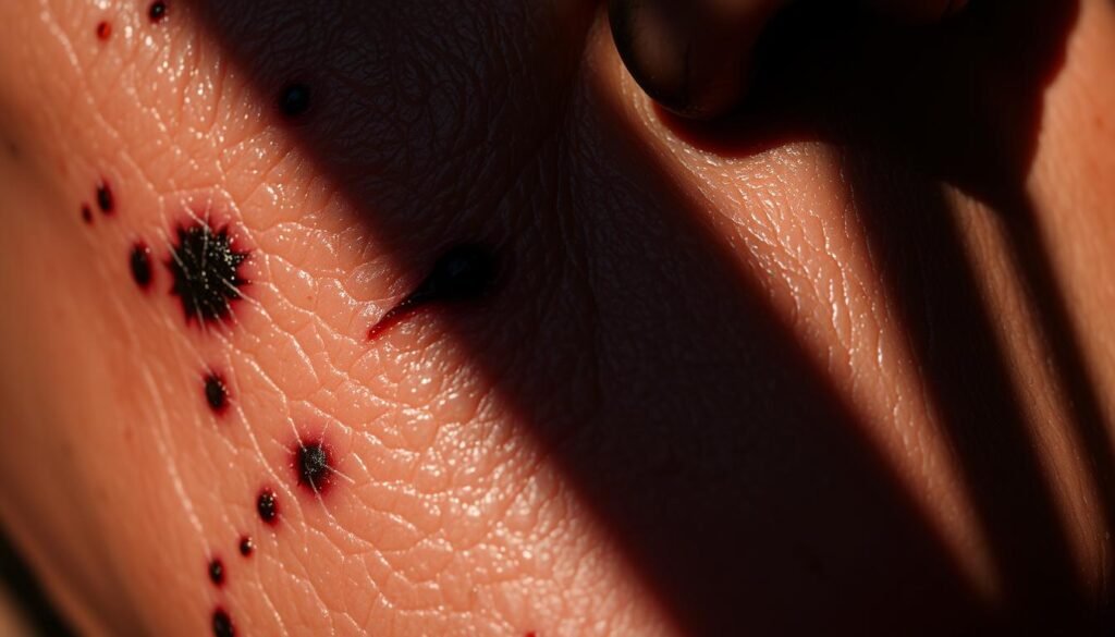 A close-up view of sun-damaged skin with visible dark spots, discoloration, and uneven texture. The skin appears weathered and leathery, with distinct splotches and patches of hyperpigmentation caused by prolonged sun exposure. The lighting is harsh and dramatic, casting deep shadows that accentuate the imperfections. The camera angle is slightly tilted, creating a sense of uncomfortable intimacy and emphasizing the textural details. The overall mood is somber and unsettling, highlighting the detrimental effects of unprotected sun exposure on the skin.