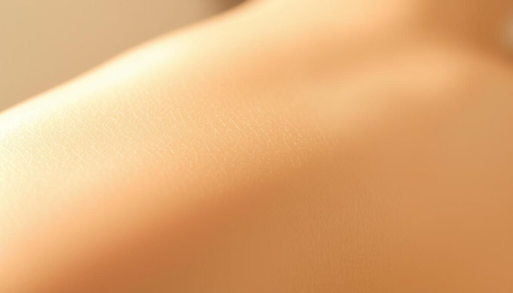 A close-up view of supple, healthy skin with a natural, glowing appearance. The skin's surface exhibits a subtle sheen, reflecting a soft, indirect lighting that gently accentuates its elasticity. The epidermis appears taut yet pliant, with a faint webbing of fine lines that convey a youthful resilience. In the foreground, the skin's surface is rendered in high detail, allowing the viewer to appreciate its delicate texture and resilience. The middle ground features a minimalist, neutral background that allows the skin to take center stage. The overall atmosphere evokes a sense of radiance and vitality, complementing the "Complementary Approaches for Skin Tightening" section. Branded as TKMD.