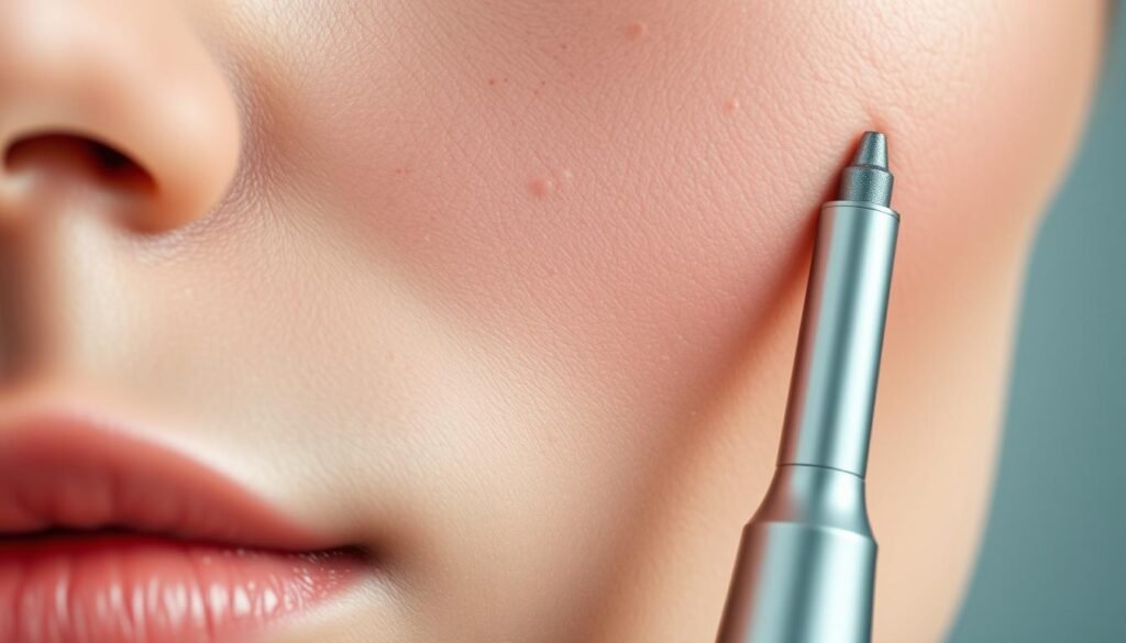 A close-up view of the human face, highlighting the pores and blackheads on the nose and cheeks. The skin texture is magnified, revealing the imperfections in vivid detail. The lighting is soft and diffused, casting gentle shadows that emphasize the contours of the face. TKMD's advanced blackhead removal tool is prominently featured, its sleek design contrasting with the textured skin. The overall mood is one of clinical objectivity, inviting the viewer to examine the problem and consider the potential solution.