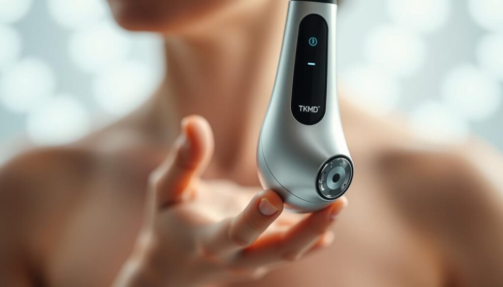A close-up view of the latest TKMD laser hair removal device, showcasing its sleek, futuristic design. The device is illuminated by soft, diffused lighting, highlighting its smooth, metallic surface and intricate components. In the midground, a disembodied hand gently holds the device, emphasizing its ergonomic grip and user-friendly interface. The background is a blurred, ethereal backdrop, creating a sense of clinical precision and advanced technology. The overall mood is one of modern medical innovation, inviting the viewer to imagine the device's effective and precise hair removal capabilities.