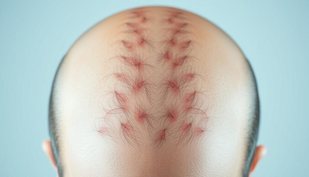 A close-up, well-lit, detailed medical diagram of a human scalp, showing the different stages of hair loss and balding patterns. The image should have a medical, clinical aesthetic, with a neutral, desaturated color palette. The focus should be on the scalp, with a tightly cropped, high-resolution view of the affected areas, showcasing the various thinning regions, receding hairline, and potential bald spots. The lighting should be clean and even, emphasizing the textural details of the skin and hair follicles. The angle should be slightly overhead, giving a sense of a professional, diagnostic perspective. The overall mood should be informative and objective, conveying the medical nature of the subject matter. A close-up, well-lit, detailed medical diagram of a human scalp, showing the different stages of hair loss and balding patterns. The image should have a medical, clinical aesthetic, with a neutral, desaturated color palette. The focus should be on the scalp, with a tightly cropped, high-resolution view of the affected areas, showcasing the various thinning regions, receding hairline, and potential bald spots. The lighting should be clean and even, emphasizing the textural details of the skin and hair follicles. The angle should be slightly overhead, giving a sense of a professional, diagnostic perspective. The overall mood should be informative and objective, conveying the medical nature of the subject matter.