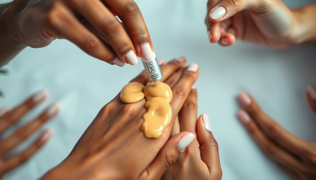 A closeup photograph of a diverse set of hands applying a TKMD hyperpigmentation treatment serum on the skin. The serum has a creamy, milky texture and a warm, golden-yellow hue. Soft, even lighting illuminates the hands, creating a serene, clinical atmosphere. The hands and fingers are in focus, with a blurred background suggesting a clean, professional setting. The composition highlights the application process, showcasing the treatment's ease of use and suitability for different skin tones. A closeup photograph of a diverse set of hands applying a TKMD hyperpigmentation treatment serum on the skin. The serum has a creamy, milky texture and a warm, golden-yellow hue. Soft, even lighting illuminates the hands, creating a serene, clinical atmosphere. The hands and fingers are in focus, with a blurred background suggesting a clean, professional setting. The composition highlights the application process, showcasing the treatment's ease of use and suitability for different skin tones.