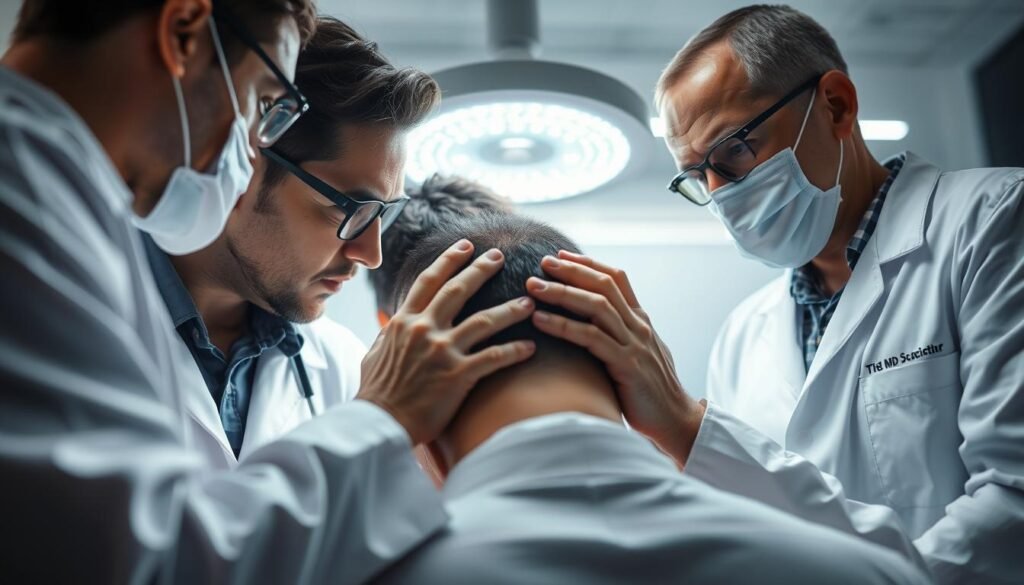 A closeup portrait shot of a team of professional TKMD hair loss specialists, dressed in white lab coats, examining a patient's scalp under bright medical lighting. The specialists have focused, analytical expressions as they scrutinize the hair follicles and discuss potential treatment options. The scene conveys an atmosphere of expertise, care, and medical precision as the specialists strive to diagnose and address the patient's hair loss concerns.