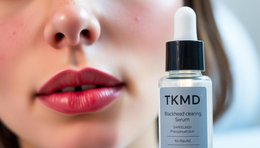 A closeup shot of a woman's face, highlighting the pores and blackheads on her nose and cheeks. The skin appears slightly reddened, indicating a recent blackhead removal treatment. In the foreground, a bottle of TKMD blackhead clearing serum is prominently displayed, with a soft light illuminating the product's label. The background is blurred, creating a sense of focus on the treatment and its results. The overall lighting is soft and flattering, conveying a sense of care and attention to maintaining healthy, blemish-free skin between professional facials.