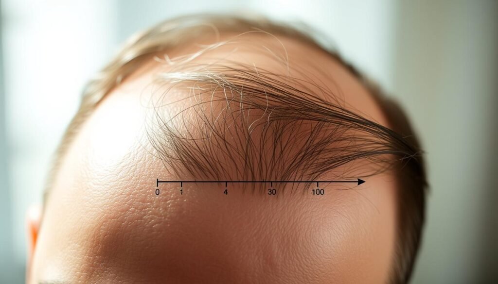 A closeup view of a human head, illuminated with soft, natural lighting. The forehead and temples are prominently featured, revealing a receding hairline and thinning hair. The skin texture is realistic, with pores and fine details visible. In the middle ground, a timeline graphic illustrates the optimal timing for a TKMD hair transplant procedure, with a visual representation of the gradual hair loss progression. The background is blurred, creating a sense of focus on the hair and timing considerations. The overall mood is one of contemplation and understanding the right moment to address thinning hair.
