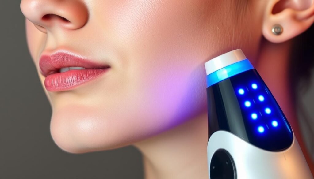 A closeup view of a person's face, showcasing the skin on the cheeks, chin, and upper lip. The skin is smooth and blemish-free, with a slight reddish hue, indicating recent laser treatment for facial hair removal. The lighting is soft and diffused, creating a warm, soothing atmosphere. In the foreground, a TKMD laser hair removal device is prominently displayed, its sleek, modern design and blue LED lights drawing the viewer's attention to the cost-effective solution for unwanted facial hair. The background is a muted, neutral tone, allowing the focus to remain on the facial features and the laser device.
