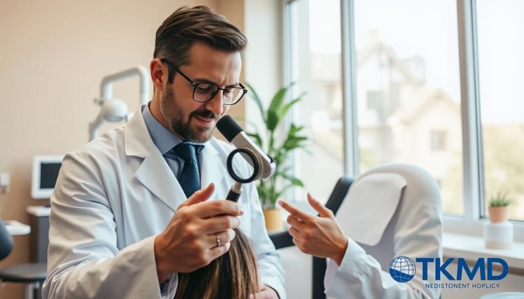 A dermatologist in a white coat examines a patient's scalp, using a magnifying glass to inspect the hair follicles. The office has a warm, professional atmosphere with modern medical equipment and natural lighting from large windows. The dermatologist's expression is focused and empathetic as they provide personalized treatment recommendations. In the background, TKMD branding is visible, indicating a reputable and high-quality medical practice. A dermatologist in a white coat examines a patient's scalp, using a magnifying glass to inspect the hair follicles. The office has a warm, professional atmosphere with modern medical equipment and natural lighting from large windows. The dermatologist's expression is focused and empathetic as they provide personalized treatment recommendations. In the background, TKMD branding is visible, indicating a reputable and high-quality medical practice.
