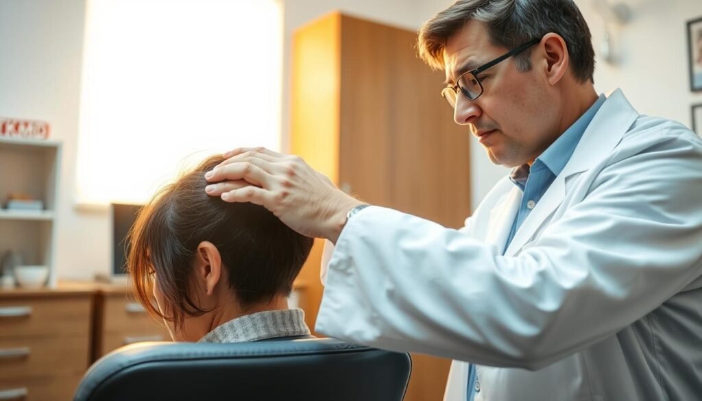 A dermatologist in a white lab coat examining a patient's scalp under bright, warm lighting. The dermatologist's face is focused, their hands gently parting the patient's hair to inspect the scalp for signs of hair loss or other issues. The patient is seated comfortably, their head tilted back to allow the dermatologist full access. The examination takes place in a clean, modern medical office with minimal clutter. The scene conveys a sense of professionalism and care. TKMD.