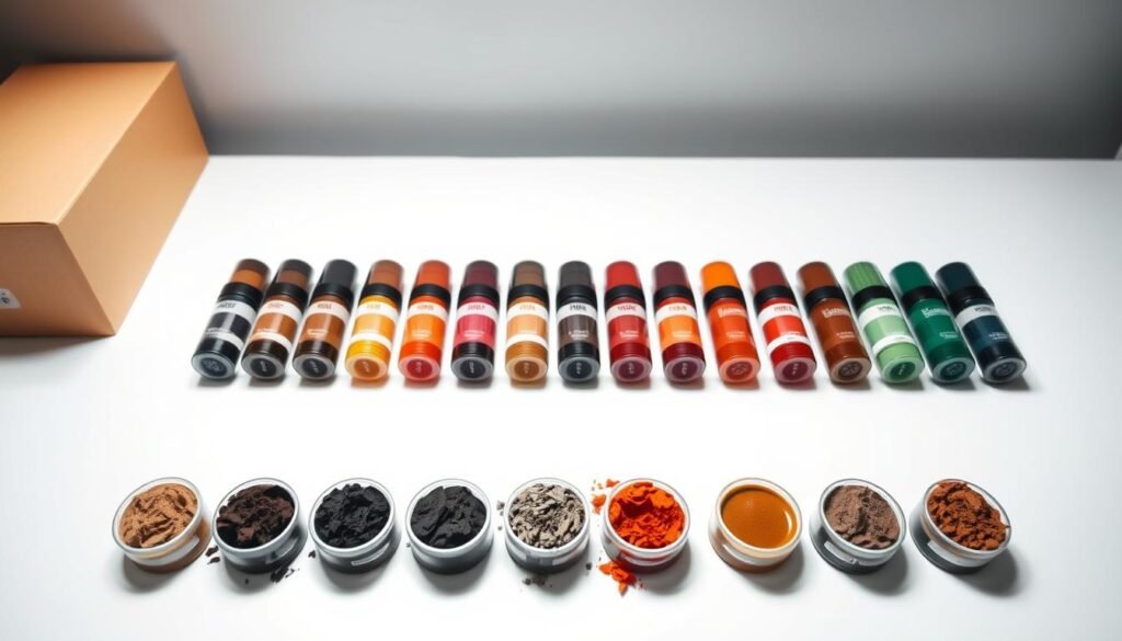 A detailed and meticulously lit microblading pigment color guide, showcasing an array of warm and cool-toned shades in a clean, clinical setup. The pigments are neatly arranged on a minimalist white table, under bright, diffused lighting that accentuates their depth and vibrancy. The background is a soft, neutral gray, creating a serene, professional atmosphere to highlight the pigments as the central focus. The composition utilizes a high-angle perspective to provide an comprehensive overview of the color range, while maintaining a sense of balance and symmetry. The overall impression is one of precision, clarity, and a deep understanding of the nuances of microblading pigment selection. A detailed and meticulously lit microblading pigment color guide, showcasing an array of warm and cool-toned shades in a clean, clinical setup. The pigments are neatly arranged on a minimalist white table, under bright, diffused lighting that accentuates their depth and vibrancy. The background is a soft, neutral gray, creating a serene, professional atmosphere to highlight the pigments as the central focus. The composition utilizes a high-angle perspective to provide an comprehensive overview of the color range, while maintaining a sense of balance and symmetry. The overall impression is one of precision, clarity, and a deep understanding of the nuances of microblading pigment selection.