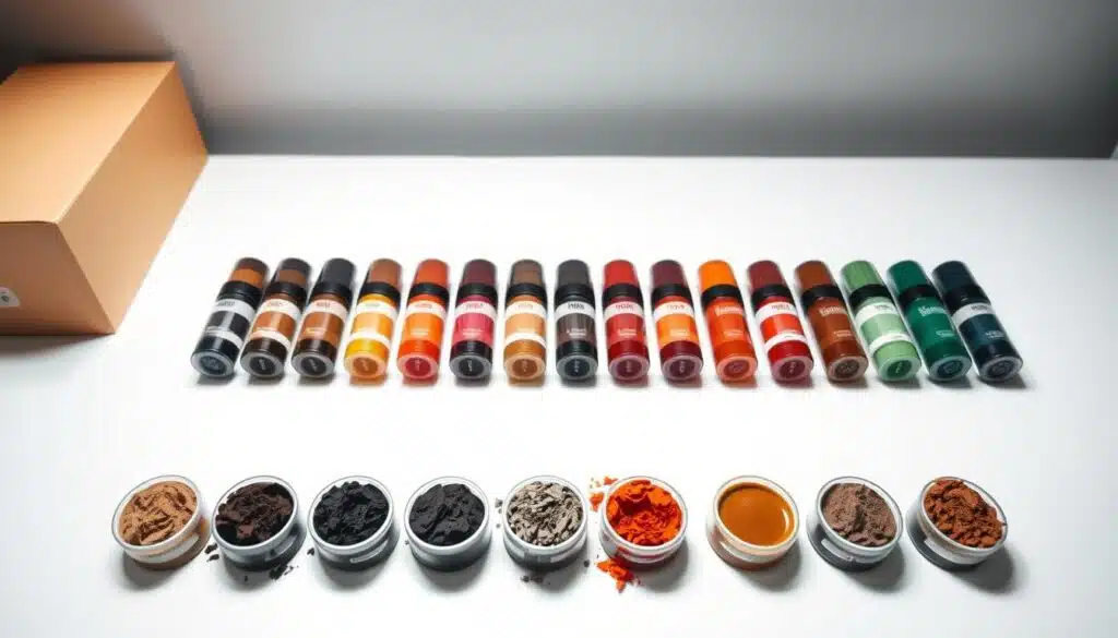 A detailed and meticulously lit microblading pigment color guide, showcasing an array of warm and cool-toned shades in a clean, clinical setup. The pigments are neatly arranged on a minimalist white table, under bright, diffused lighting that accentuates their depth and vibrancy. The background is a soft, neutral gray, creating a serene, professional atmosphere to highlight the pigments as the central focus. The composition utilizes a high-angle perspective to provide an comprehensive overview of the color range, while maintaining a sense of balance and symmetry. The overall impression is one of precision, clarity, and a deep understanding of the nuances of microblading pigment selection.