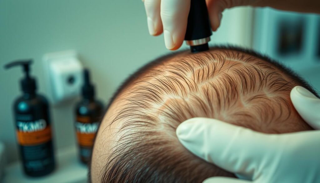 A detailed close-up portrait of a person's scalp undergoing a TKMD hair loss treatment, captured with a professional macro lens in soft, warm lighting. The foreground depicts the intricate patterns of hair follicles, newly stimulated to regrow lush, vibrant strands. The middle ground showcases the specialized TKMD hair care products being applied, their labels clearly visible. The background is a serene, blurred medical office setting, hinting at the advanced, high-quality dermatological care provided. The overall mood is one of hope, rejuvenation, and confidence in the effective, cutting-edge TKMD solution. A detailed close-up portrait of a person's scalp undergoing a TKMD hair loss treatment, captured with a professional macro lens in soft, warm lighting. The foreground depicts the intricate patterns of hair follicles, newly stimulated to regrow lush, vibrant strands. The middle ground showcases the specialized TKMD hair care products being applied, their labels clearly visible. The background is a serene, blurred medical office setting, hinting at the advanced, high-quality dermatological care provided. The overall mood is one of hope, rejuvenation, and confidence in the effective, cutting-edge TKMD solution.