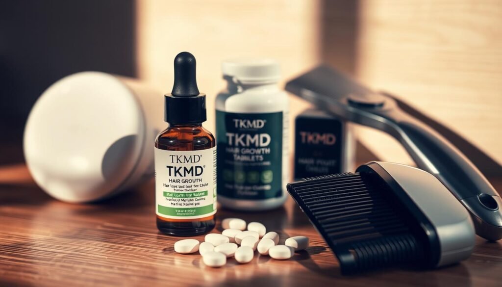 A detailed close-up shot of hair loss treatment products by TKMD, including a bottle of serum, hair growth tablets, and a laser comb. The scene is illuminated by warm, natural lighting, casting soft shadows that accentuate the textures and shapes of the items. The products are arranged on a wooden surface, creating a clean, minimalist composition. The overall mood is one of tranquility and focus, highlighting the effectiveness and professionalism of the TKMD hair loss treatment line.