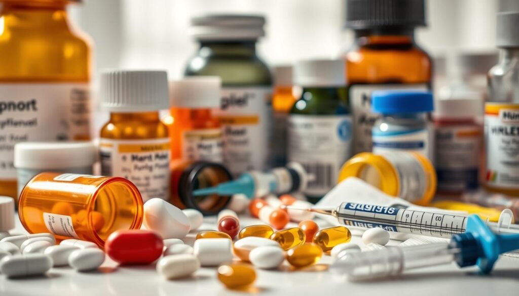 A detailed close-up shot of several different medications and drug treatments used for managing psoriatic arthritis, captured with natural lighting and a slightly tilted angle to create depth and visual interest. The foreground features a selection of prescription bottles, pills, and capsules arranged in an organized yet artistic composition. The middle ground includes medical instruments like syringes and gauze pads, while the background softly blurs to suggest a clinical or pharmaceutical setting. The overall mood is one of informed, professional medical treatment options for this chronic condition.