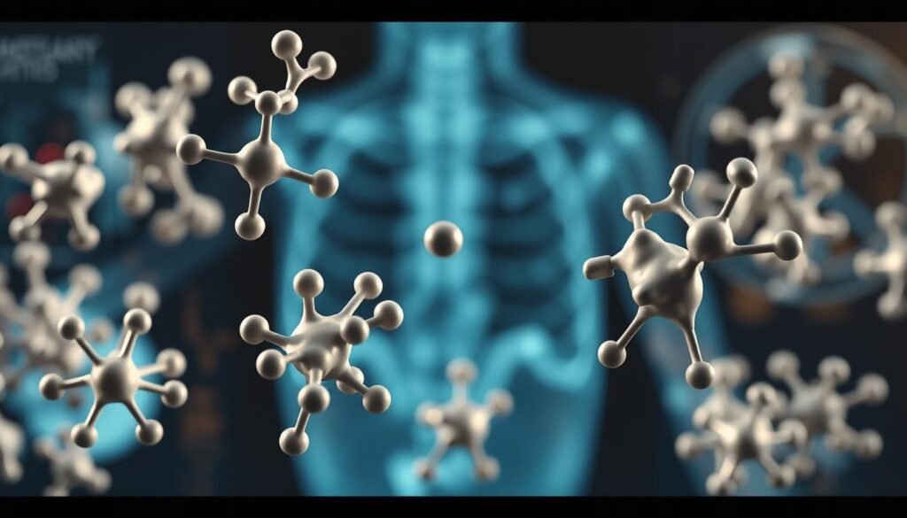 A detailed, close-up view of a molecular model depicting various targeted therapies for psoriatic arthritis. The foreground showcases several complex, 3D chemical structures representing different biologic drugs and small-molecule inhibitors used to treat the condition. The middle ground features a softly blurred background of medical imagery, such as an x-ray or MRI scan, providing context. The lighting is a mix of directional and ambient, creating depth and highlighting the intricate molecular details. The overall tone is scientific, precise, and informative, conveying the advanced, targeted nature of these modern treatments for psoriatic arthritis.