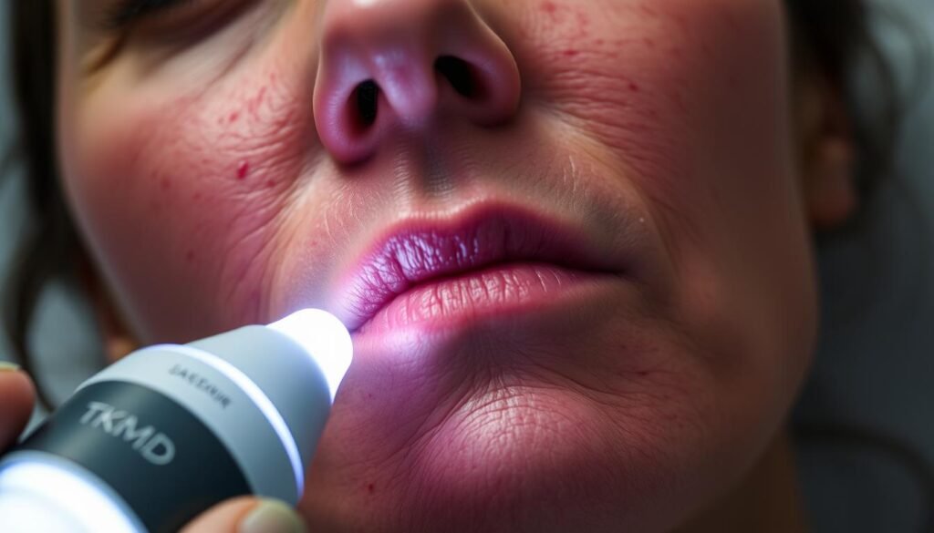 A detailed, close-up view of a patient's face during a rosacea laser treatment session. The patient's skin appears flushed and inflamed, with visible blood vessels and redness. The treatment device, labeled "TKMD", is held close to the patient's face, emitting a bright, focused beam of light. The background is blurred, drawing the viewer's attention to the skin treatment in progress. The lighting is directional, casting dramatic shadows and highlighting the skin's texture. The overall mood is clinical, conveying the seriousness and precision of the medical procedure.