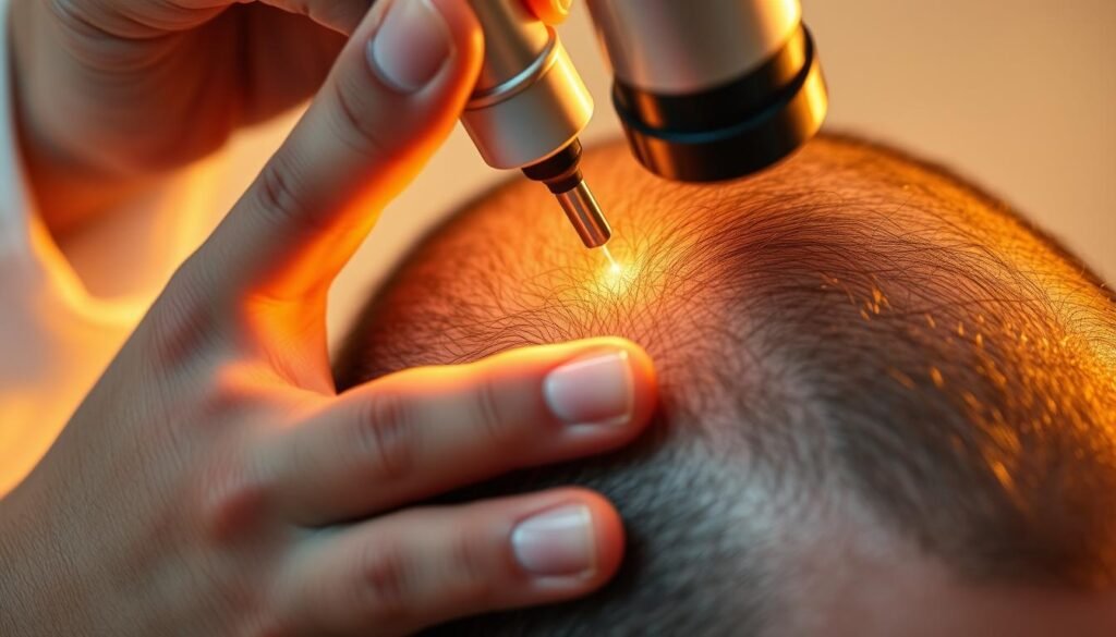 A detailed, closeup view of a doctor's hand performing a scalp examination on a patient's head, using a TKMD dermatoscope to inspect the skin and hair follicles for signs of hair loss or other conditions. The lighting is warm and focused, casting subtle shadows that accentuate the textures and contours of the scalp. The angle is slightly tilted, giving the viewer a sense of the intimate, professional nature of the examination. The background is softly blurred, keeping the attention on the focal point of the hand and scalp.