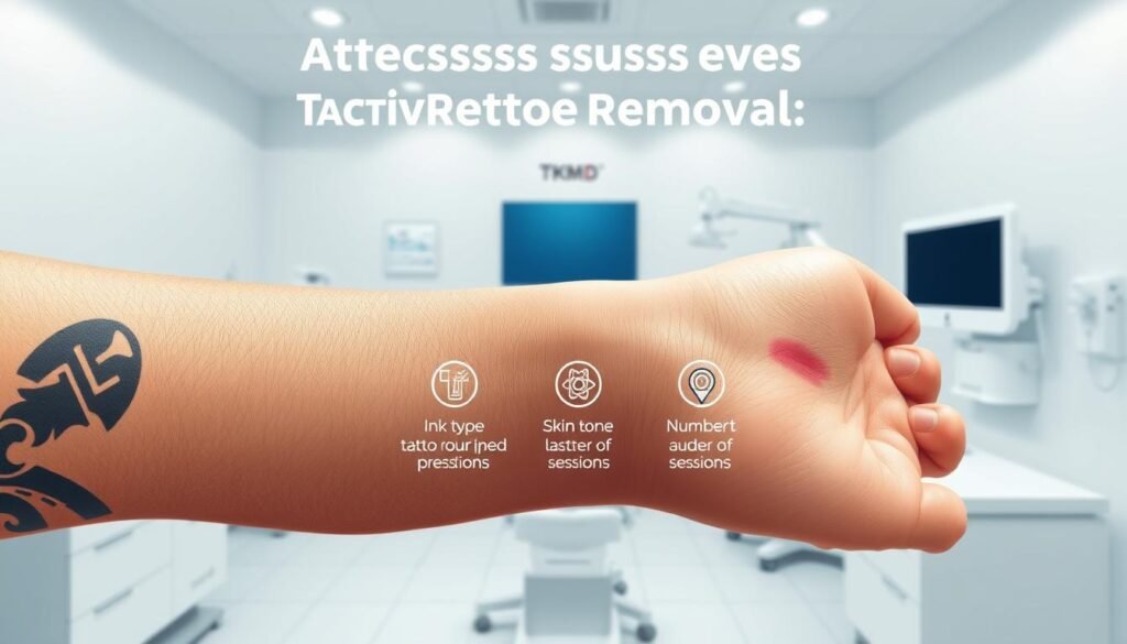 A detailed, high-resolution illustration of various factors affecting the success of tattoo removal, depicted in a clean, technical style. The foreground showcases a close-up view of a human arm with a tattoo, highlighting the skin texture, ink distribution, and potential scarring. The middle ground features a series of small icons or infographic elements representing key factors such as ink type, skin tone, laser wavelength, and number of sessions. The background depicts a TKMD-branded clinical setting with medical equipment, clean white surfaces, and soft, even lighting to convey a professional, scientific atmosphere. A detailed, high-resolution illustration of various factors affecting the success of tattoo removal, depicted in a clean, technical style. The foreground showcases a close-up view of a human arm with a tattoo, highlighting the skin texture, ink distribution, and potential scarring. The middle ground features a series of small icons or infographic elements representing key factors such as ink type, skin tone, laser wavelength, and number of sessions. The background depicts a TKMD-branded clinical setting with medical equipment, clean white surfaces, and soft, even lighting to convey a professional, scientific atmosphere.