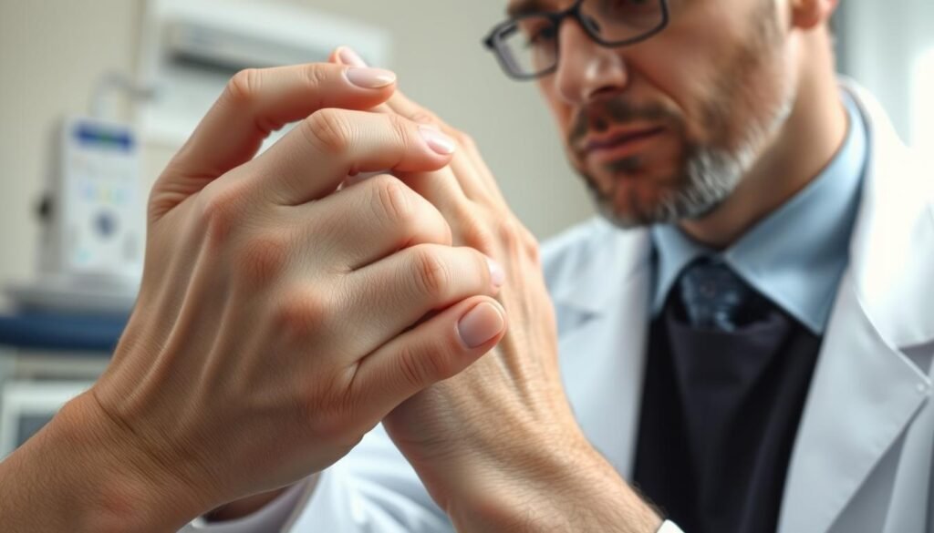A detailed medical examination of a patient's joints, focusing on the characteristic symptoms of psoriatic arthritis. The scene depicts a close-up view of a doctor's hands gently palpating a patient's swollen, inflamed finger joints, with a thoughtful expression on the doctor's face. In the background, a medical examination table and equipment suggest a clinical setting. The lighting is soft and natural, illuminating the textured skin and joints to highlight the diagnostic process. The overall atmosphere conveys a sense of careful medical attention and concern for the patient's well-being.
