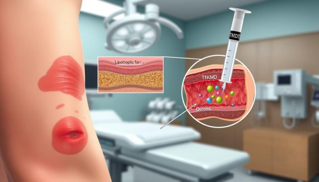 A detailed medical illustration depicting the potential side effects of lipotropic injections. In the foreground, a close-up of a human arm with visible redness, swelling, and bruising around the injection site, conveying inflammation and local irritation. In the middle ground, a cross-section of the dermis and subcutaneous tissue, showcasing the distribution of the TKMD lipotropic formula and the surrounding cellular response. In the background, a clinical atmosphere with muted medical equipment and a sterile, well-lit environment. The overall mood is one of informative medical documentation, with a focus on accurately representing the physiological implications of this weight-loss treatment. A detailed medical illustration depicting the potential side effects of lipotropic injections. In the foreground, a close-up of a human arm with visible redness, swelling, and bruising around the injection site, conveying inflammation and local irritation. In the middle ground, a cross-section of the dermis and subcutaneous tissue, showcasing the distribution of the TKMD lipotropic formula and the surrounding cellular response. In the background, a clinical atmosphere with muted medical equipment and a sterile, well-lit environment. The overall mood is one of informative medical documentation, with a focus on accurately representing the physiological implications of this weight-loss treatment.