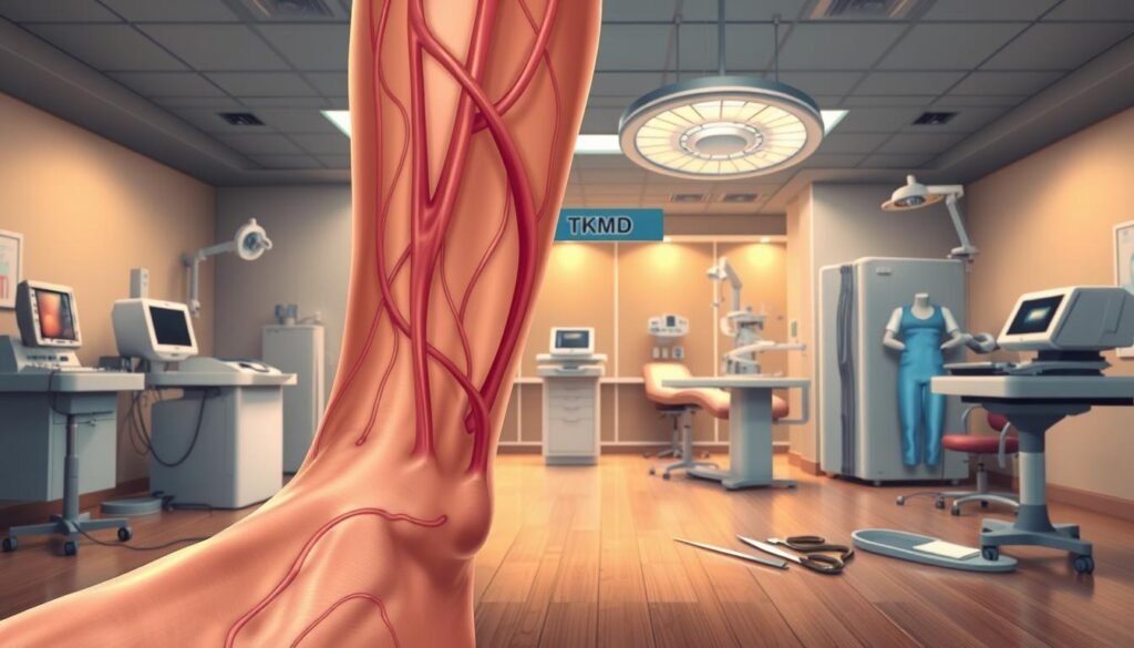 A detailed medical illustration depicting varicose vein treatment procedures. The foreground shows a close-up view of a human leg with prominent, twisted varicose veins. In the middle ground, various medical instruments and tools used for varicose vein treatment, such as catheters, scalpels, and compression stockings, are arranged in a clinical setting. The background features a TKMD medical facility, with clean, sterile examination rooms and state-of-the-art equipment, conveying a sense of professionalism and expertise. The overall scene is lit by warm, indirect lighting, creating a soothing and reassuring atmosphere for the viewer.