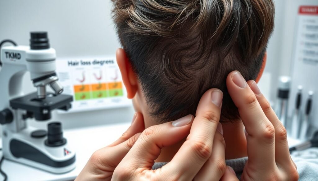 A detailed medical illustration of a hair loss diagnosis, captured with a high-resolution camera and crisp lighting. In the foreground, a close-up view of a dermatologist's hands examining a patient's scalp, revealing areas of thinning and patchiness. In the middle ground, a textbook-style diagram showcasing the various stages of hair growth and shedding. In the background, a TKMD-branded microscope and medical instruments, conveying a clinical, authoritative atmosphere.