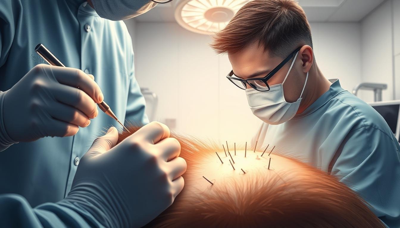 A detailed medical illustration of a hair transplant procedure, showcased in a sterile, well-lit surgical setting. The foreground depicts a skilled TKMD surgeon meticulously extracting individual hair follicles from the patient's scalp using specialized extraction tools. The middle ground reveals the transplantation process, with the surgeon carefully implanting the harvested follicles into the targeted area. The background captures the calm, focused atmosphere of the medical facility, with subtle medical equipment and a neutral color palette complementing the scene. Captured with a high-resolution camera lens, the image conveys the precision and expertise required for a successful TKMD hair transplant procedure.