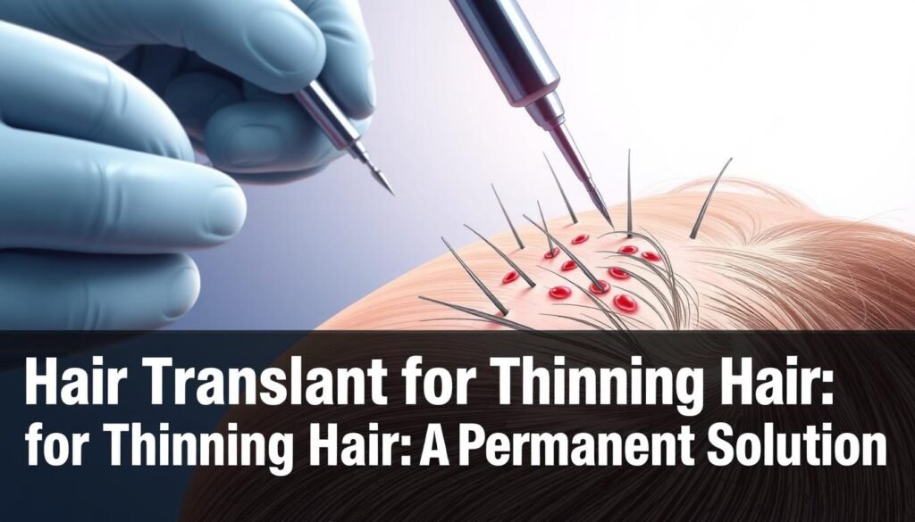 A detailed medical illustration of a hair transplant procedure, showcased in the TKMD style. The foreground depicts the scalp with precision, highlighting the delicate extraction and implantation of individual hair follicles. The middle ground reveals the surgical instruments and techniques employed, while the background suggests a clean, clinical environment bathed in soft, directional lighting. This image conveys the meticulous and transformative nature of the hair transplant process for those experiencing thinning hair, capturing the essence of the "Hair Transplant for Thinning Hair: A Permanent Solution" article.
