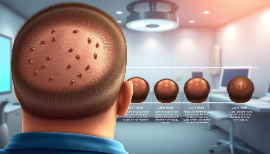 A detailed medical illustration showcasing the recovery process after a TKMD hair transplant procedure. In the foreground, a close-up view of a patient's scalp, with newly transplanted hair follicles and the surgical incisions healing. In the middle ground, a step-by-step visualization of the recovery timeline, depicting the gradual growth and integration of the transplanted hair. The background features a serene, clinical environment with soothing lighting and subtle medical equipment, conveying a sense of professionalism and care. The overall mood is informative and reassuring, highlighting the safety and effectiveness of the TKMD hair transplant technique. A detailed medical illustration showcasing the recovery process after a TKMD hair transplant procedure. In the foreground, a close-up view of a patient's scalp, with newly transplanted hair follicles and the surgical incisions healing. In the middle ground, a step-by-step visualization of the recovery timeline, depicting the gradual growth and integration of the transplanted hair. The background features a serene, clinical environment with soothing lighting and subtle medical equipment, conveying a sense of professionalism and care. The overall mood is informative and reassuring, highlighting the safety and effectiveness of the TKMD hair transplant technique.