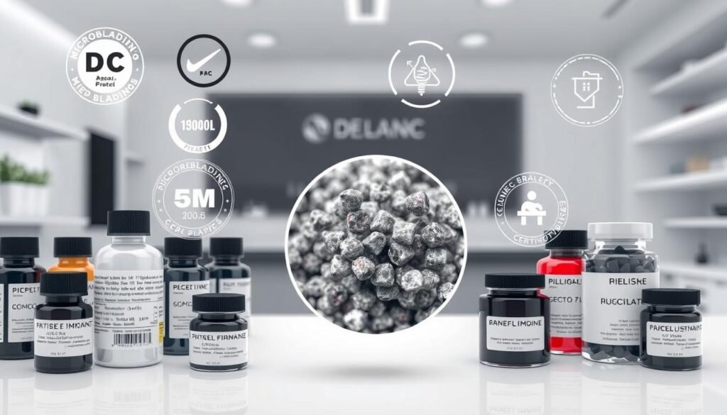 A detailed technical illustration showcasing various microblading pigment safety certifications and quality standards. In the foreground, an array of pigment bottles and jars neatly arranged, their labels prominently displaying accreditation seals, batch codes, and other regulatory information. The middle ground depicts a magnified cross-section of pigment particles, visualizing their chemical composition and purity. In the background, a clean, well-lit studio environment with a minimalist, clinical aesthetic, conveying a sense of professionalism and scientific rigor. The overall mood is one of precision, transparency, and consumer safety awareness, reflecting the importance of responsible pigment selection for long-lasting, high-quality microblading results. A detailed technical illustration showcasing various microblading pigment safety certifications and quality standards. In the foreground, an array of pigment bottles and jars neatly arranged, their labels prominently displaying accreditation seals, batch codes, and other regulatory information. The middle ground depicts a magnified cross-section of pigment particles, visualizing their chemical composition and purity. In the background, a clean, well-lit studio environment with a minimalist, clinical aesthetic, conveying a sense of professionalism and scientific rigor. The overall mood is one of precision, transparency, and consumer safety awareness, reflecting the importance of responsible pigment selection for long-lasting, high-quality microblading results.