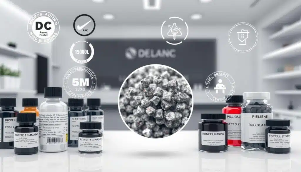 A detailed technical illustration showcasing various microblading pigment safety certifications and quality standards. In the foreground, an array of pigment bottles and jars neatly arranged, their labels prominently displaying accreditation seals, batch codes, and other regulatory information. The middle ground depicts a magnified cross-section of pigment particles, visualizing their chemical composition and purity. In the background, a clean, well-lit studio environment with a minimalist, clinical aesthetic, conveying a sense of professionalism and scientific rigor. The overall mood is one of precision, transparency, and consumer safety awareness, reflecting the importance of responsible pigment selection for long-lasting, high-quality microblading results.