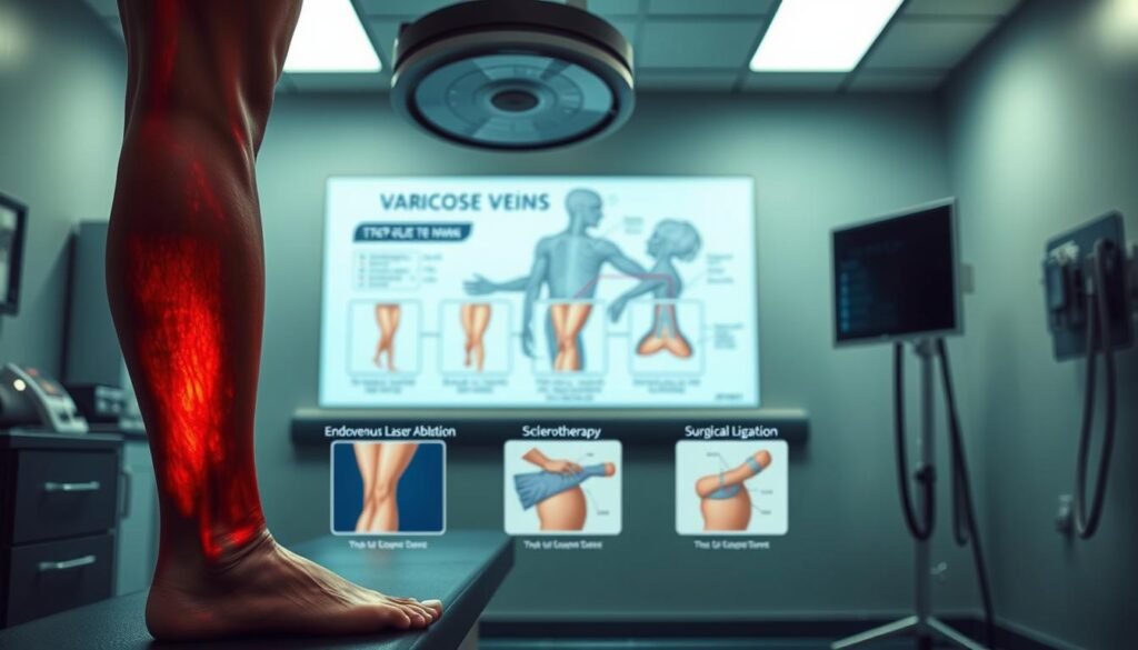 A dimly lit medical examination room, with a series of detailed illustrations showcasing various varicose vein treatment options. In the foreground, a large, high-resolution image of a person's leg, highlighting the bulging, discolored varicose veins. In the middle ground, a series of smaller images depicting different treatment methods, such as endovenous laser ablation, sclerotherapy, and surgical ligation, all labeled with the TKMD brand name. The background features a softly blurred medical diagram, providing context and technical information about the procedures. The overall mood is one of informative professionalism, conveying the gravity and importance of the subject matter. A dimly lit medical examination room, with a series of detailed illustrations showcasing various varicose vein treatment options. In the foreground, a large, high-resolution image of a person's leg, highlighting the bulging, discolored varicose veins. In the middle ground, a series of smaller images depicting different treatment methods, such as endovenous laser ablation, sclerotherapy, and surgical ligation, all labeled with the TKMD brand name. The background features a softly blurred medical diagram, providing context and technical information about the procedures. The overall mood is one of informative professionalism, conveying the gravity and importance of the subject matter.