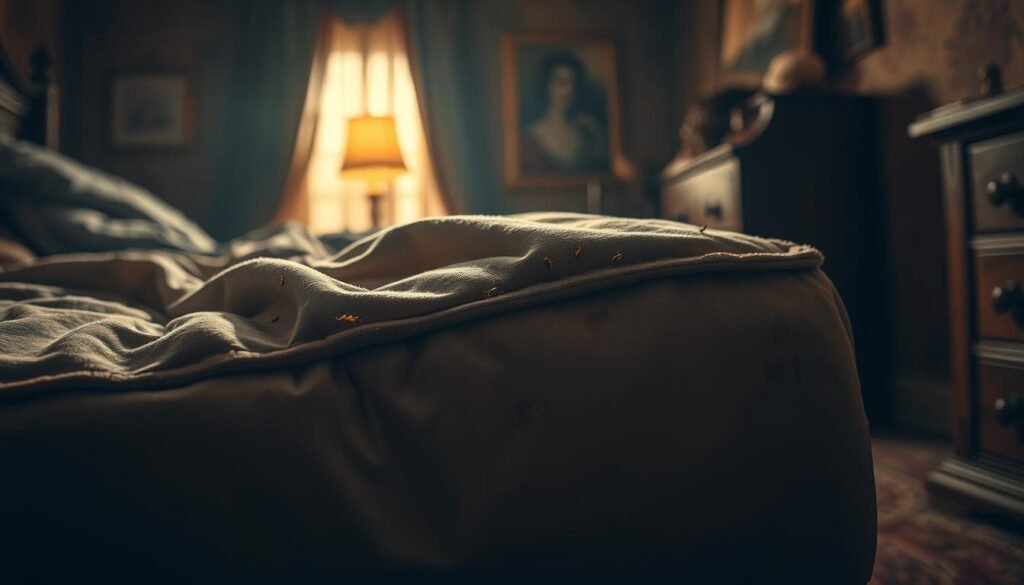 A dimly lit, musty bedroom interior, with a focus on a crumpled, stained mattress corner. The scene is bathed in a warm, amber glow, casting shadows that accentuate the aged and worn fabric textures. In the foreground, a cluster of tiny, reddish-brown insects crawl along the seams, their distinct pungent scent permeating the air. The background is hazy, blurring the surrounding decor to emphasize the bed bug infestation as the central subject. The overall mood is one of neglect and unease, capturing the distinctive aroma that signifies a bed bug problem. A dimly lit, musty bedroom interior, with a focus on a crumpled, stained mattress corner. The scene is bathed in a warm, amber glow, casting shadows that accentuate the aged and worn fabric textures. In the foreground, a cluster of tiny, reddish-brown insects crawl along the seams, their distinct pungent scent permeating the air. The background is hazy, blurring the surrounding decor to emphasize the bed bug infestation as the central subject. The overall mood is one of neglect and unease, capturing the distinctive aroma that signifies a bed bug problem.