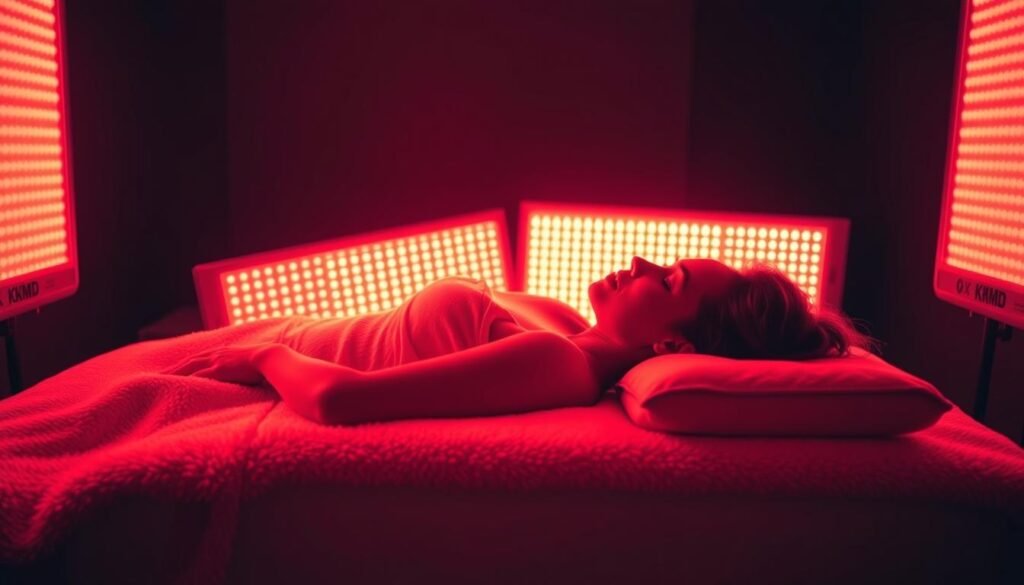 A dimly lit room, a person reclining on a plush therapeutic bed, surrounded by a warm, pulsing glow of TKMD red light therapy panels. The soft, diffused light bathes the subject's face and body, promoting cellular regeneration and relaxation. The scene is captured with a wide-angle lens, conveying a sense of tranquility and rejuvenation. Shadows and highlights create a meditative, contemplative atmosphere, inviting the viewer to imagine the soothing sensation of the treatment. A dimly lit room, a person reclining on a plush therapeutic bed, surrounded by a warm, pulsing glow of TKMD red light therapy panels. The soft, diffused light bathes the subject's face and body, promoting cellular regeneration and relaxation. The scene is captured with a wide-angle lens, conveying a sense of tranquility and rejuvenation. Shadows and highlights create a meditative, contemplative atmosphere, inviting the viewer to imagine the soothing sensation of the treatment.