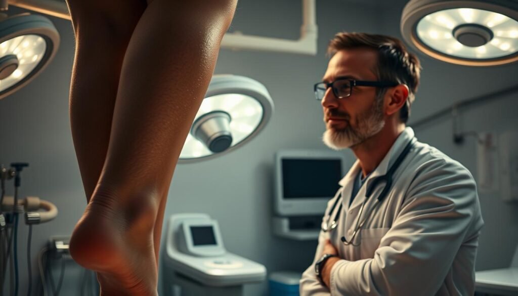 A dimly lit, sterile medical examination room with stainless steel instruments and medical equipment. In the foreground, a patient's leg is elevated, revealing varicose veins. A doctor, dressed in scrubs, carefully examines the leg with a focused, thoughtful expression. The lighting is soft and warm, creating an atmosphere of professional care and attention. The scene conveys the medical nature of the varicose vein treatment, with a sense of empathy and understanding for the patient's experience.