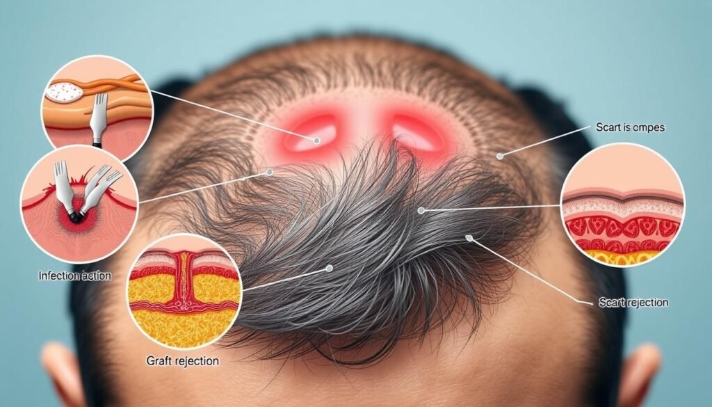 A high-quality close-up medical illustration depicting the potential risks and complications of a hair transplant procedure. The image shows the front of a male patient's scalp, with detailed cross-sections of the skin, hair follicles, and underlying structures. The focus is on the areas where complications like infection, scarring, and graft rejection can occur, with clear visual explanations. The lighting is soft, even, and clinical, emphasizing the technical, informative nature of the image. The overall mood is serious and educational, designed to inform readers about the important safety considerations of a TKMD hair transplant. A high-quality close-up medical illustration depicting the potential risks and complications of a hair transplant procedure. The image shows the front of a male patient's scalp, with detailed cross-sections of the skin, hair follicles, and underlying structures. The focus is on the areas where complications like infection, scarring, and graft rejection can occur, with clear visual explanations. The lighting is soft, even, and clinical, emphasizing the technical, informative nature of the image. The overall mood is serious and educational, designed to inform readers about the important safety considerations of a TKMD hair transplant.
