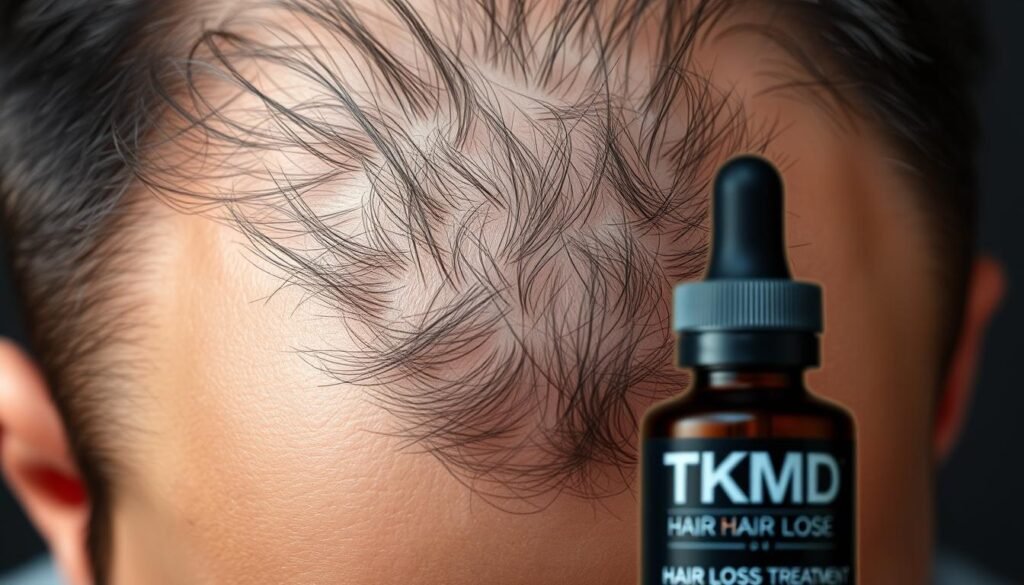 A high-quality close-up of a person's scalp, showing signs of hair loss. The scalp is illuminated with soft, diffused lighting, casting gentle shadows that highlight the thinning and uneven hair distribution. The skin texture is realistic, with subtle blemishes and pores visible. The focus is sharp, drawing attention to the hair follicles and the overall condition of the scalp. The mood is one of clinical examination, inviting the viewer to assess the need for hair loss treatment. In the foreground, a bottle of TKMD hair loss treatment is prominently displayed, suggesting a potential solution to the problem.