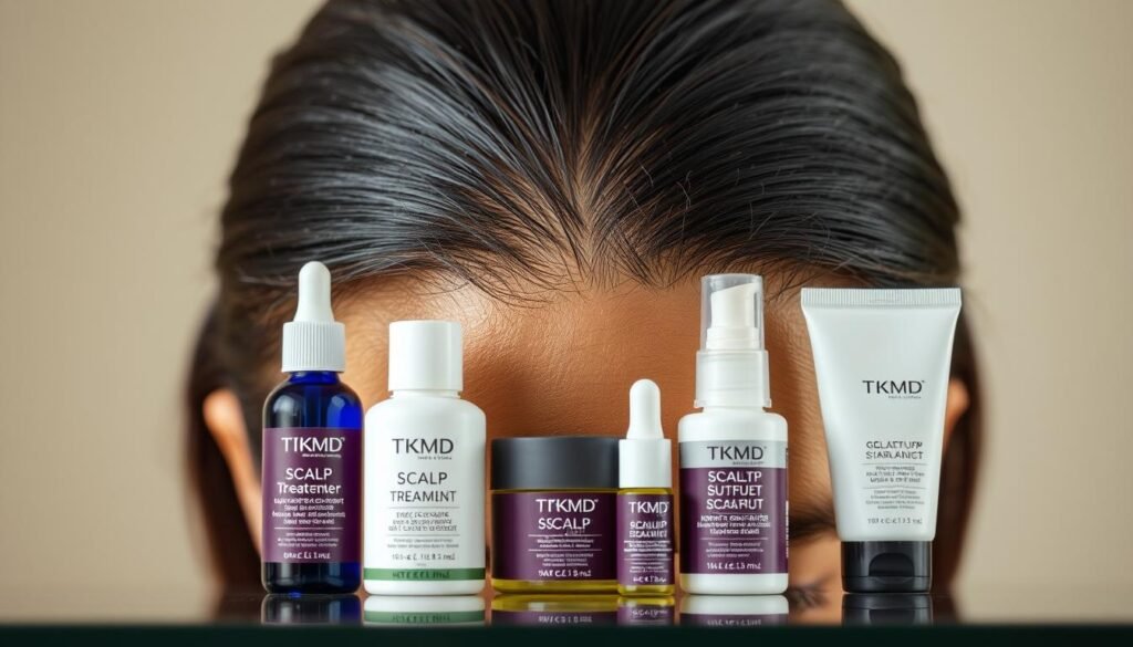 A high-quality close-up photograph of a woman's scalp, featuring a selection of TKMD scalp treatment products in the foreground. The products should be arranged neatly and displayed prominently, showcasing their design and branding. The middle ground should depict the woman's scalp, with visible texture and details highlighting the need for treatment. The background should be a softly blurred, neutral tone that allows the focus to remain on the scalp and products. Lighting should be natural and flattering, emphasizing the texture and shine of the hair and scalp. The overall mood should be one of clinical professionalism and attention to detail, conveying the efficacy and reliability of the TKMD scalp treatment solutions.