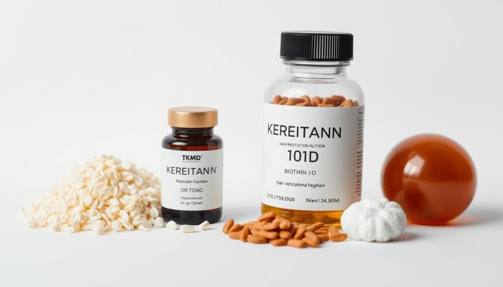 A high-quality close-up photograph of hair restoration factors, including Keratin, Collagen, Biotin, and Vitamin D, against a plain white background. The lighting is soft and diffuse, accentuating the textures and colors of the natural ingredients. The composition features the ingredients arranged in an organized and visually appealing manner, with a sense of balance and harmony. The overall mood is clean, professional, and informative, showcasing the essential components of a TKMD-branded hair restoration regimen.