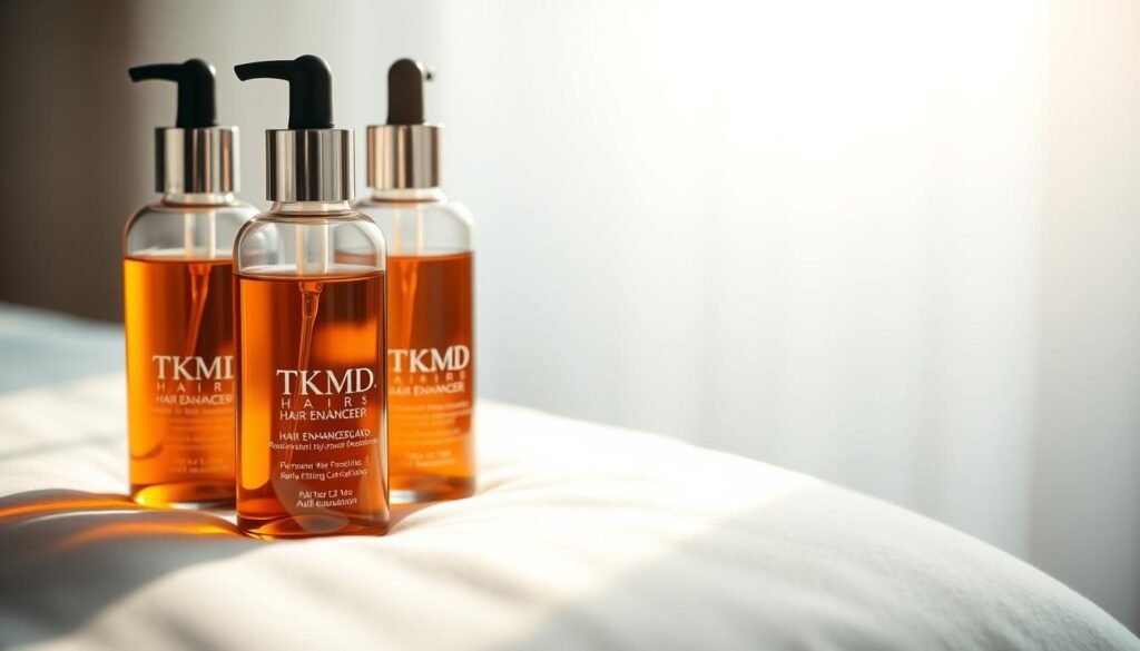 A high-quality close-up photograph of three bottles of TKMD hair enhancers, arranged artfully on a soft, white surface. The bottles are filled with an amber-colored liquid, their sleek, minimalist designs reflecting a sense of modern elegance. Warm, diffused lighting from the side creates a gentle, flattering glow, highlighting the products' premium quality. The background is softly blurred, directing the viewer's attention to the hair enhancers as the focal point. The overall mood is one of sophistication and efficacy, conveying the idea of an effective solution for ladies seeking permanent hair fixing. A high-quality close-up photograph of three bottles of TKMD hair enhancers, arranged artfully on a soft, white surface. The bottles are filled with an amber-colored liquid, their sleek, minimalist designs reflecting a sense of modern elegance. Warm, diffused lighting from the side creates a gentle, flattering glow, highlighting the products' premium quality. The background is softly blurred, directing the viewer's attention to the hair enhancers as the focal point. The overall mood is one of sophistication and efficacy, conveying the idea of an effective solution for ladies seeking permanent hair fixing.